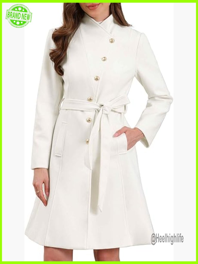 Wool Blend Pea Coat Long Winter Stand Collar Belted Single Breasted Trench